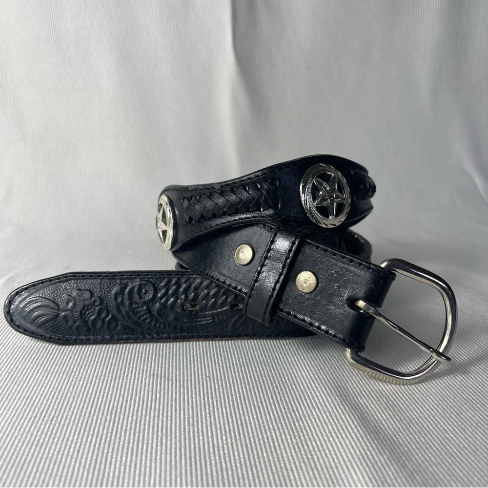 Silver Western Concho Cowboy Belt Black Tooled
Braided Leather Sz 44 - Picture 2 of 14